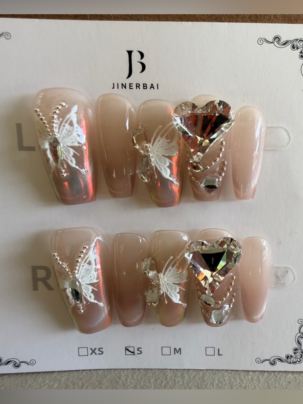 Nude Pink Butterfly Rhinestone Press-On Nails